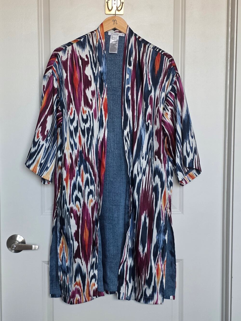 Chicos Ikat Print Open Front Cardigan